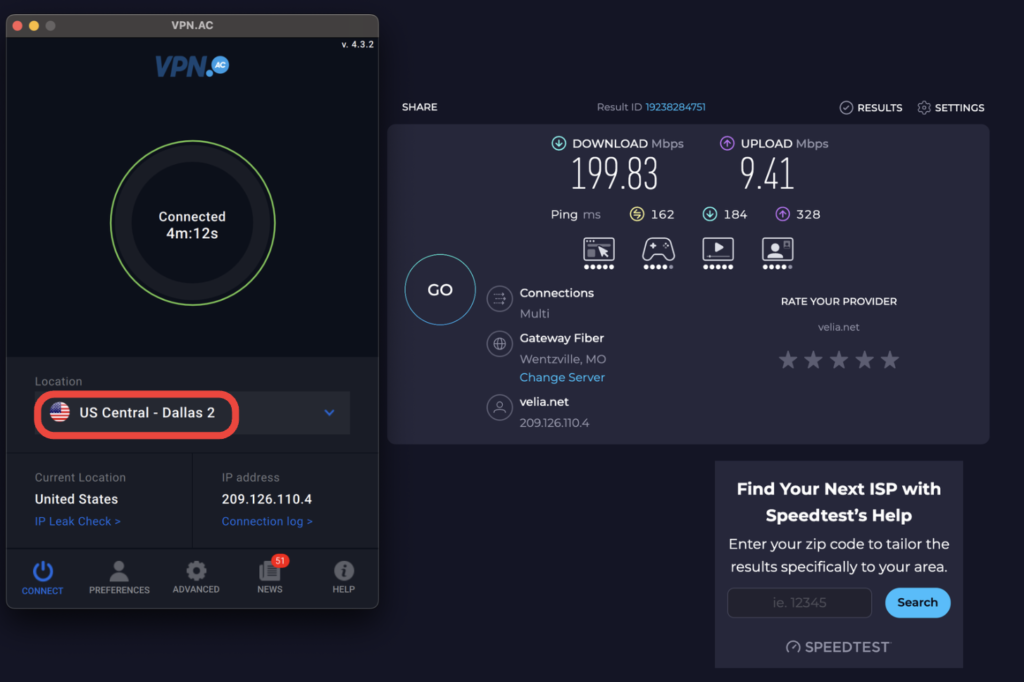 VPN.AC スピードテスト ダラス