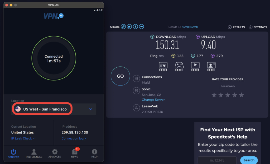 VPN.AC スピードテスト サンフランシスコ
