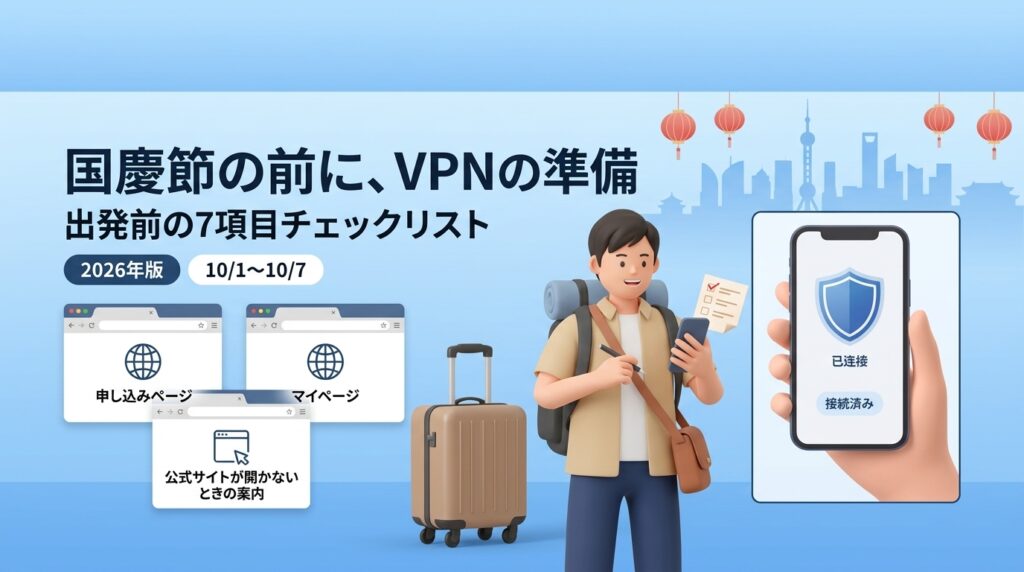 国慶節の前にVPNを準備する旅行者のイラスト（出発前の7項目チェックリスト）