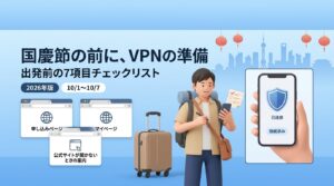 国慶節の前にVPNを準備する旅行者のイラスト(出発前の7項目チェックリスト)