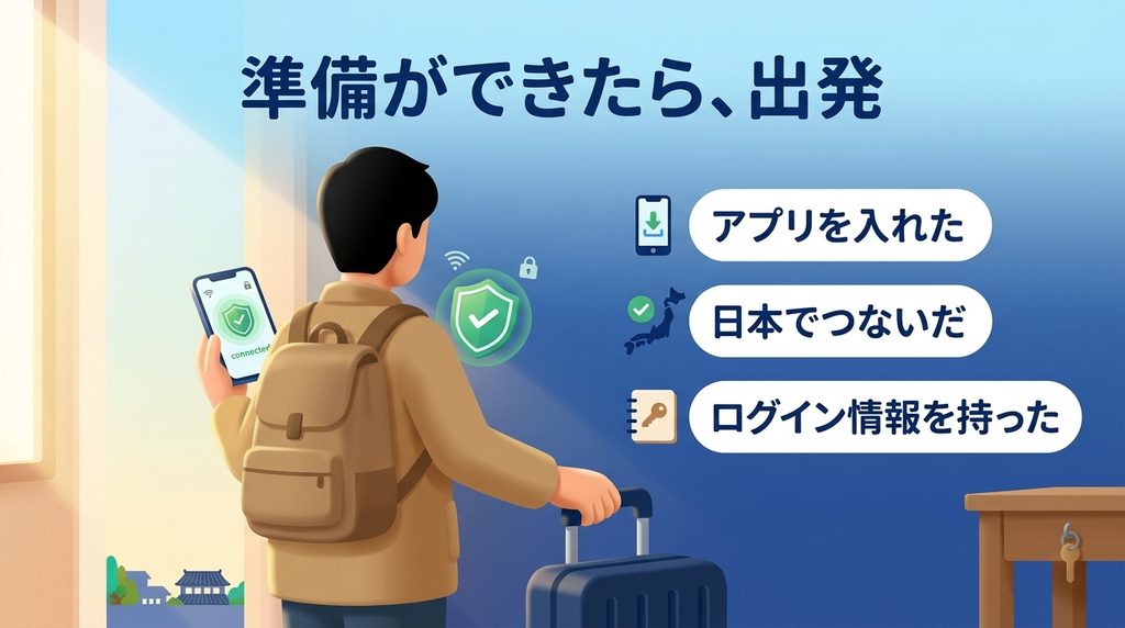 準備を終えて出発する旅行者のイラスト