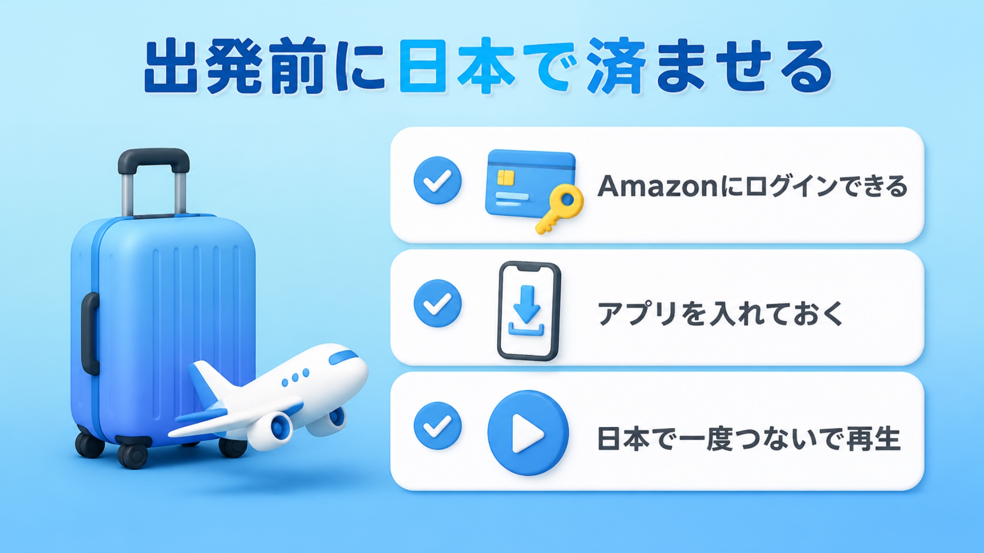 出発前に日本で済ませる3つ:Amazonにログインできる、アプリを入れておく、日本で一度つないで再生